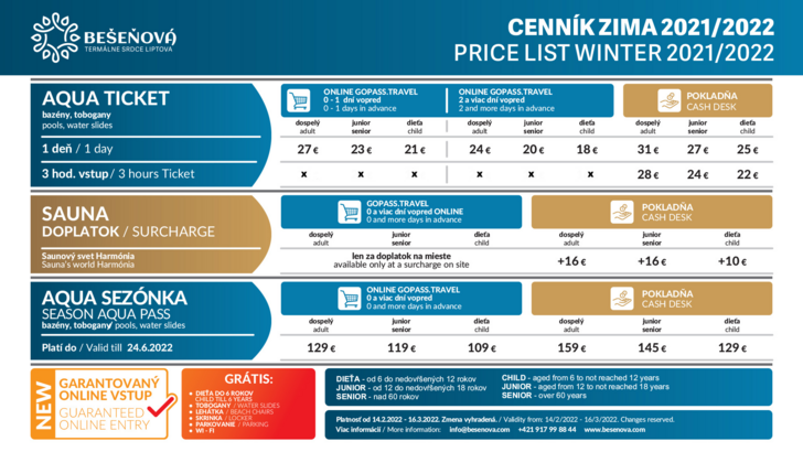Cenník a ubytovania na kúpalisko bešeňová